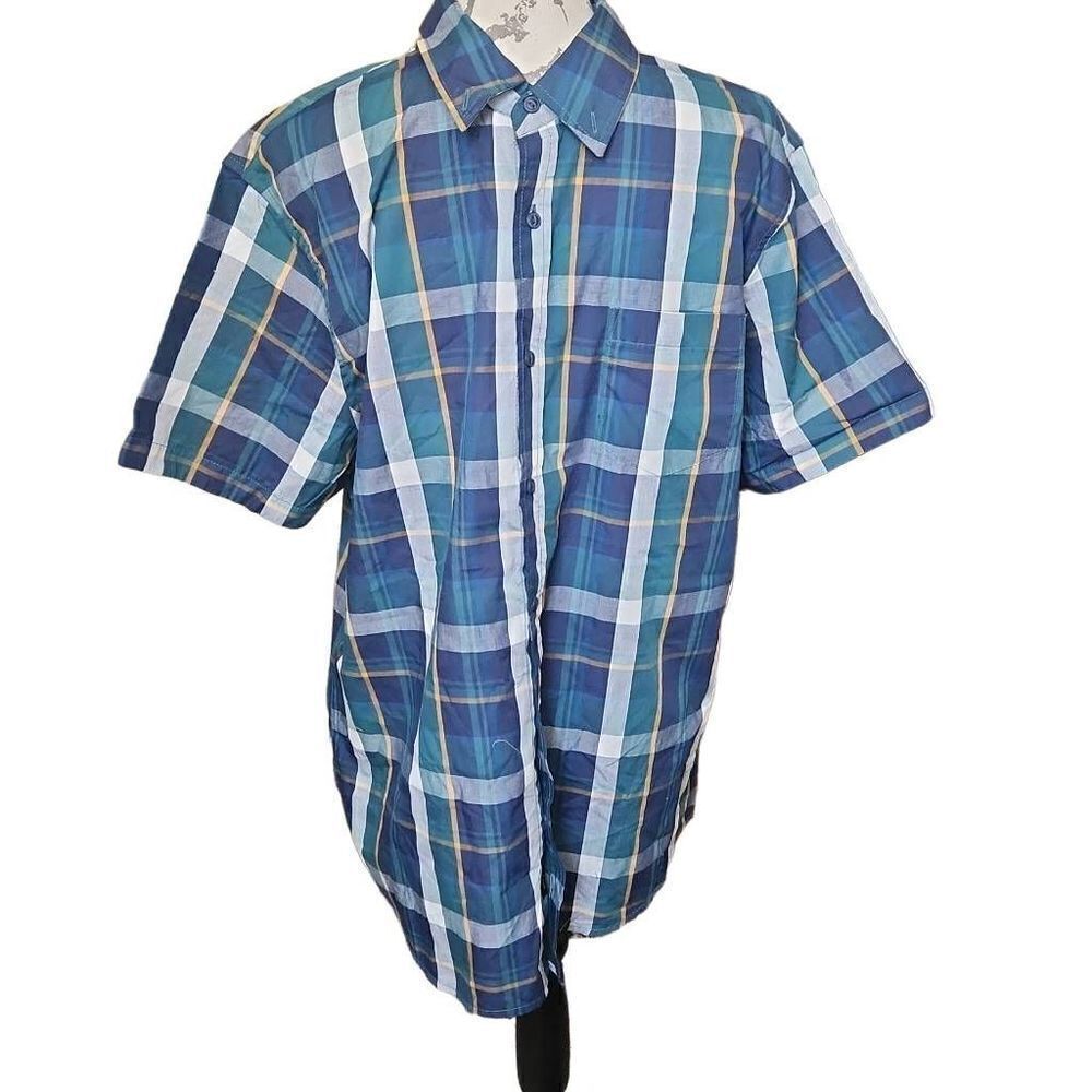 Lee Men's Size Large Navy Green Plaid Short Sleeve Button Down Shirt